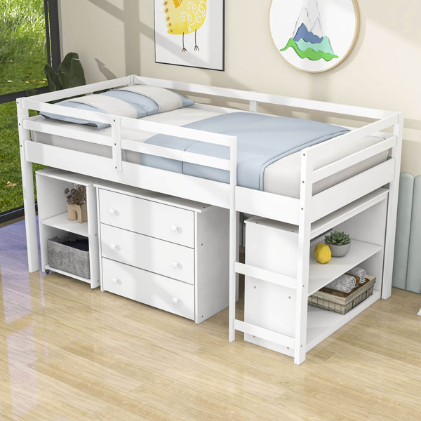 Donco kids low study loft desk store twin bed with chest and bookcase